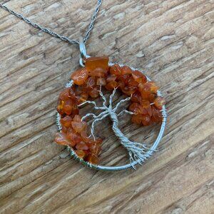 Tree of Life Natural Orange Carnelian Chips Sterling Silver Chain Necklace